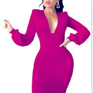 Women’s Sexy Long Sleeve Deep V Neck Ruched Bodycon Midi Pink Dress